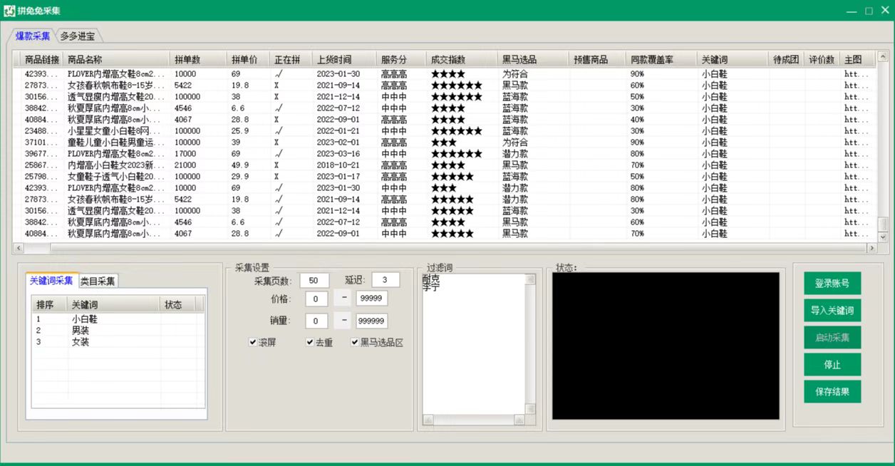 拼兔兔采集：实时数据、数据日更、官方算法、商品推荐，上货时间、类目采集、蓝海选品、商品图鉴，自动切词、商品去重、数据分析、正在拼等