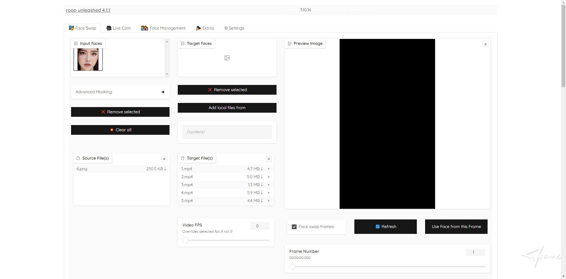 roop_unleashed v4.1.1开源免费换脸工具，可支持批量换脸，直播换脸，整合包支持AMD显卡+N卡。速度超快